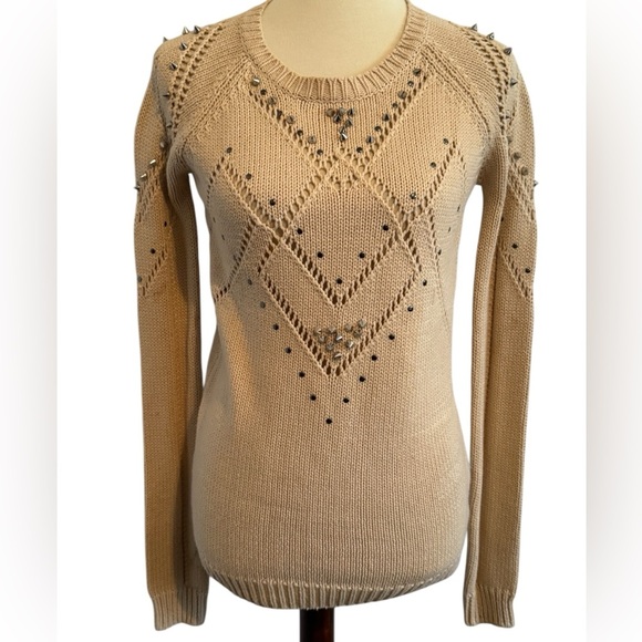 Potter's Pot Beige Long Sleeve Semi Sheer Spike Accent Sweater Size Medium - Picture 1 of 14